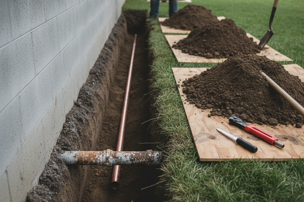 Excavated water line trench during Sewer Line Repair in Manly
